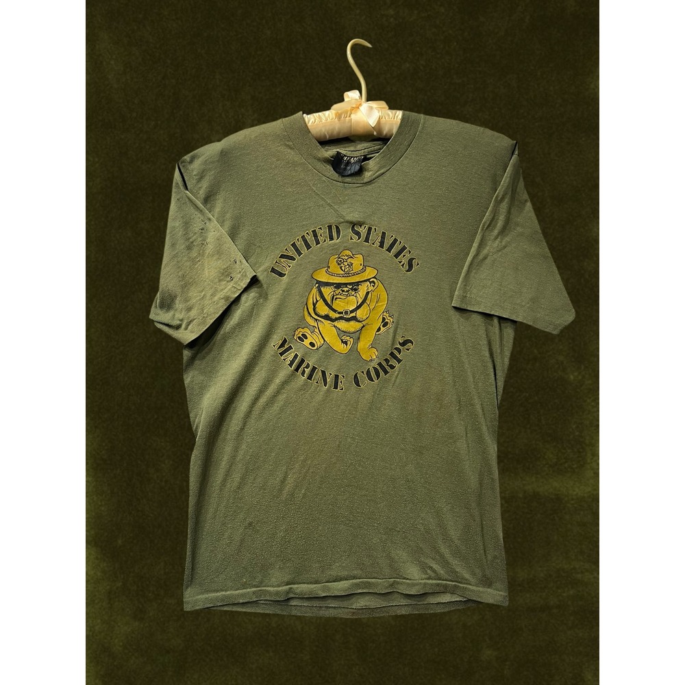 Vintage 80s USMC Marine Corps Chesty Bulldog T Shirt Large OD Green Commando Tag